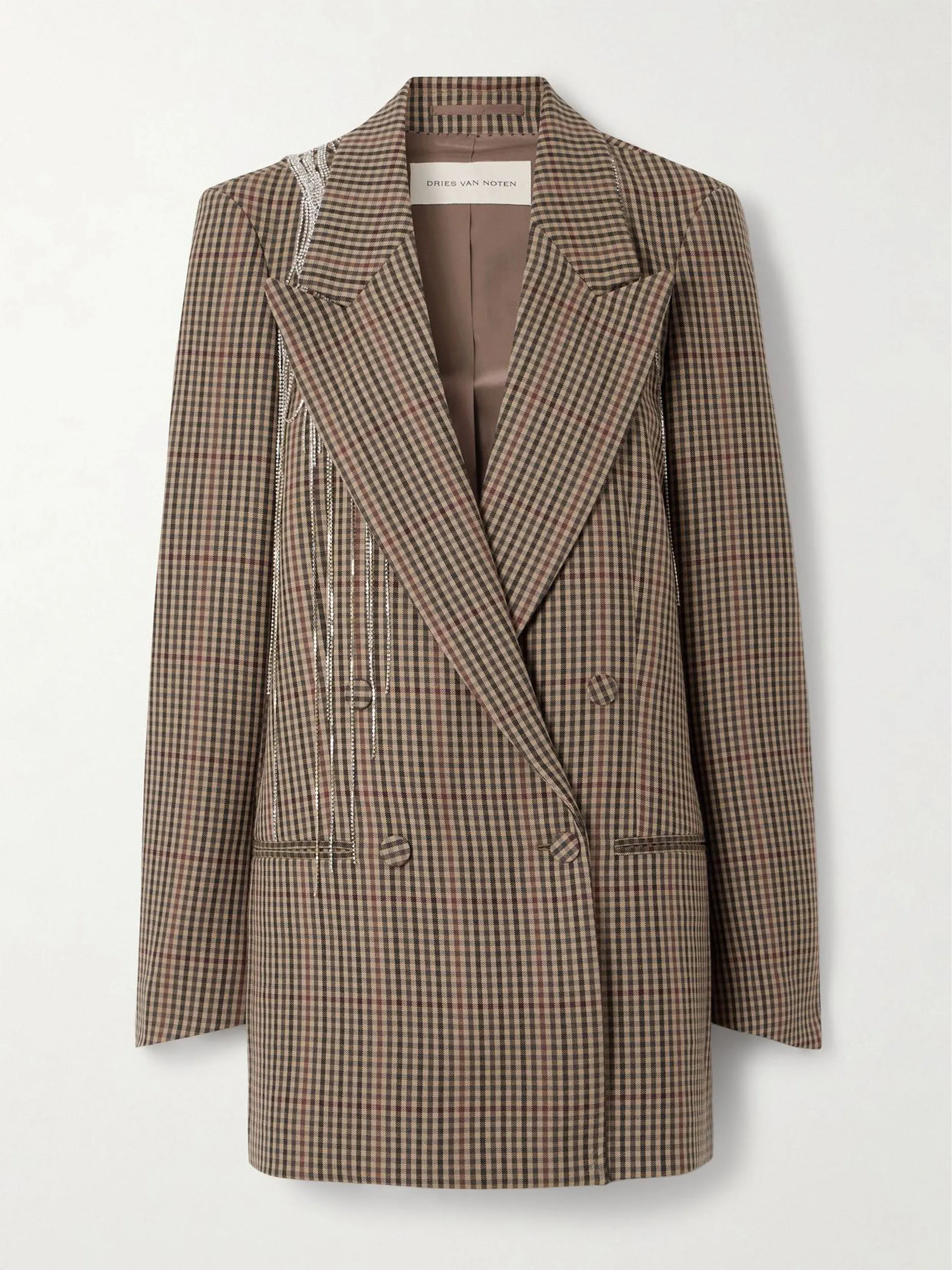 Double-breasted crystal-embellished checked wool blazer