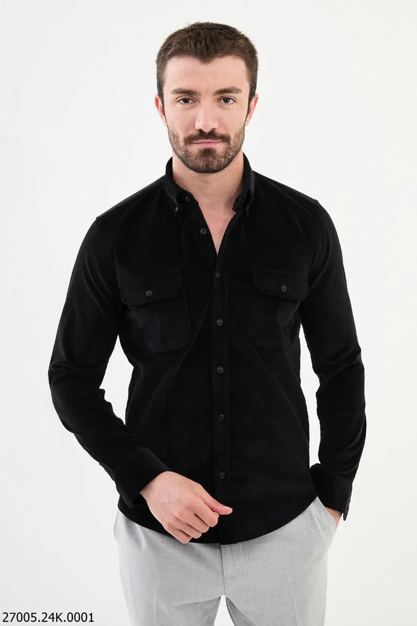 Elegant Black Corduroy Shirt with Dual Chest Pockets.