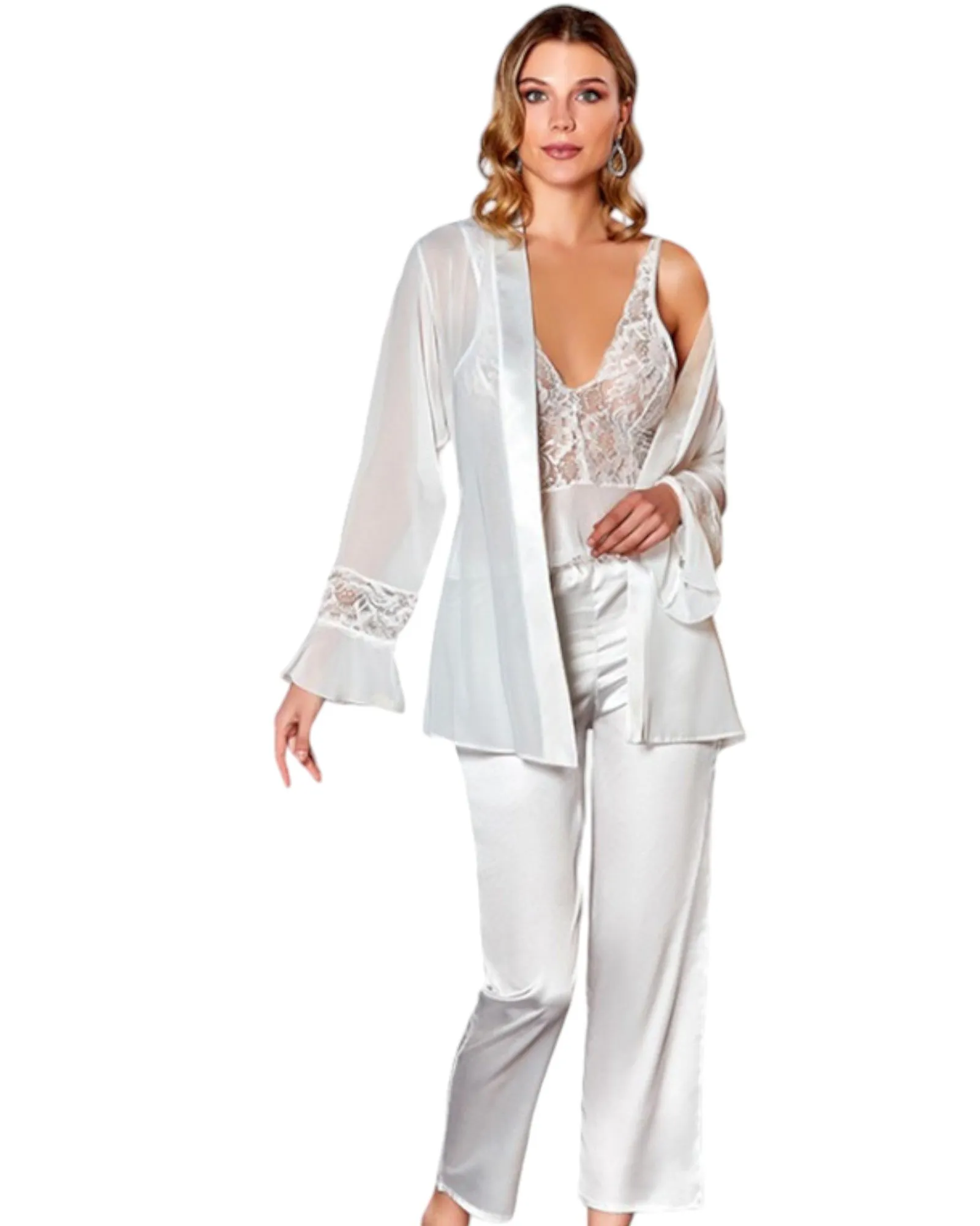 Elegant Embroidered V-neck Top with Coordinating Plain Pants and Robe Set