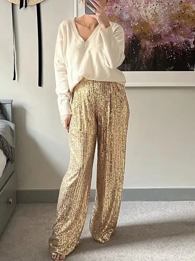 Elegant Golden Sequined Straight Pants Shiny Party Pant