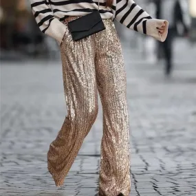 Elegant Golden Sequined Straight Pants Shiny Party Pant