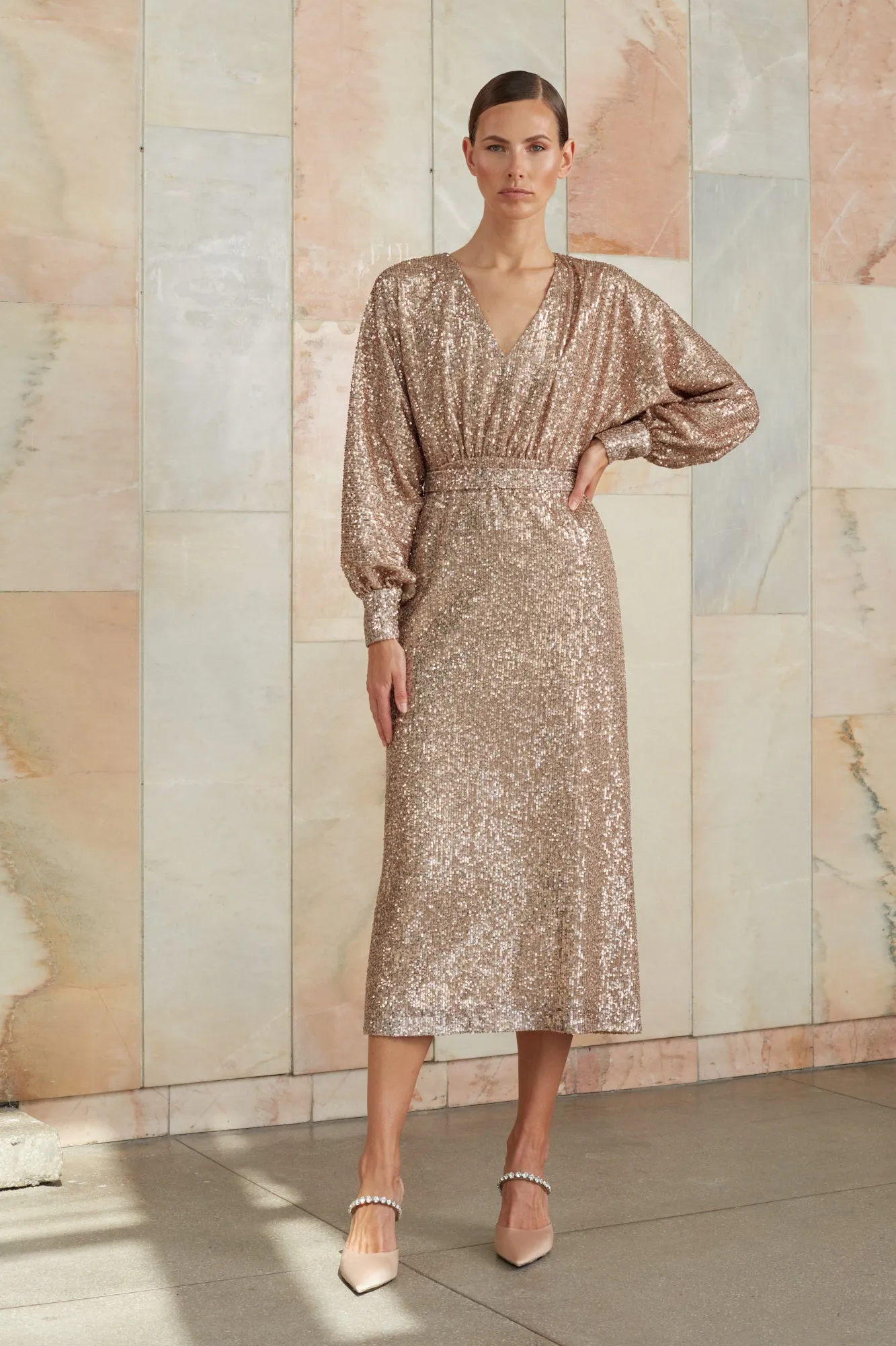 EVE nude sequin V neck dress