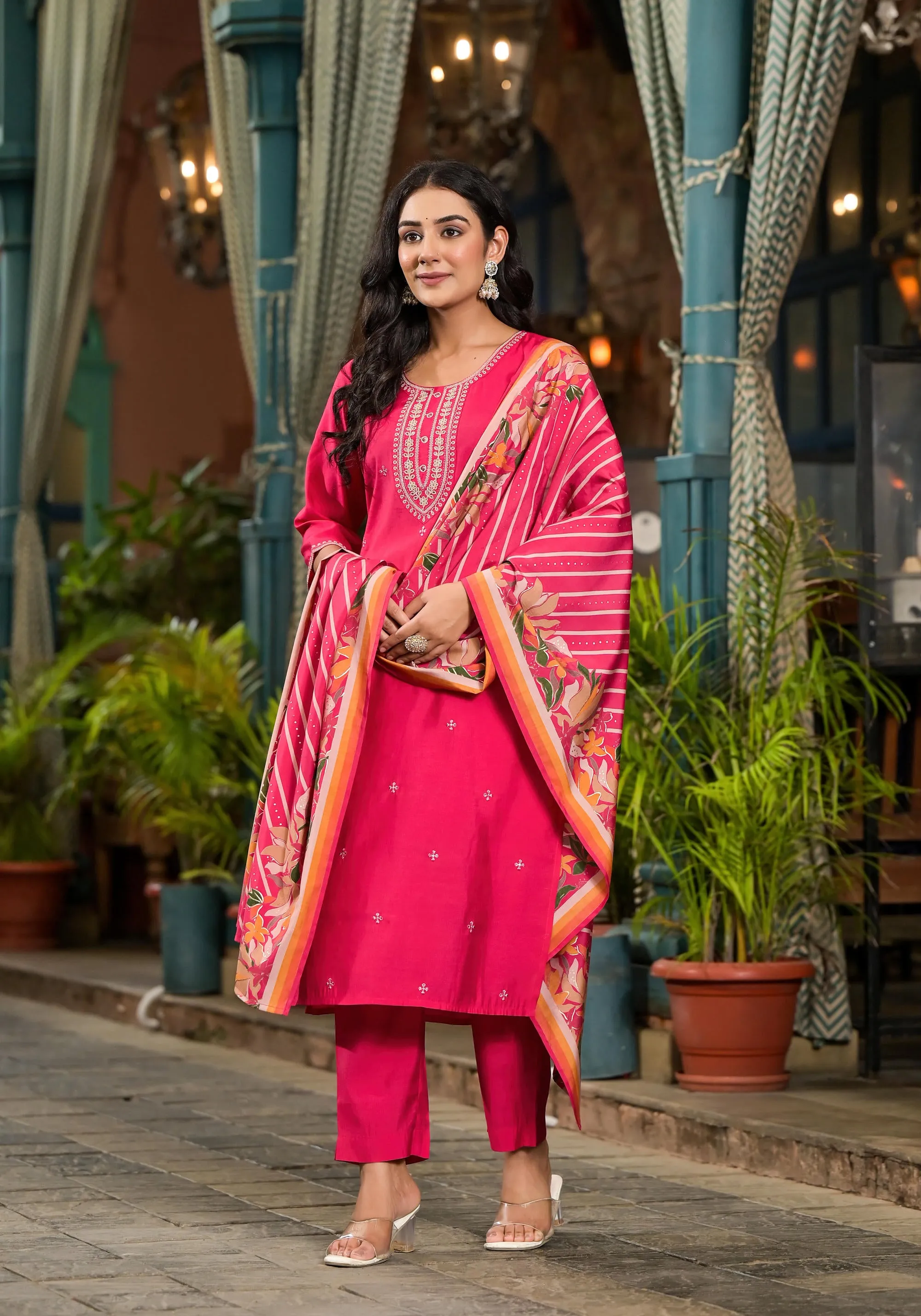 Fuchsia Floral Printed Viscose Kurta Pant And Dupatta Set With Zari Work