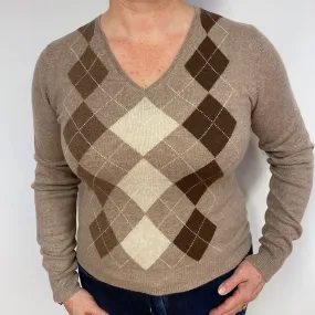 Fudge Brown Diamond Cashmere V-Neck Jumper Large