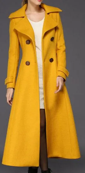 Full-Length Wool Pea Coat in Yellow