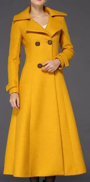 Full-Length Wool Pea Coat in Yellow