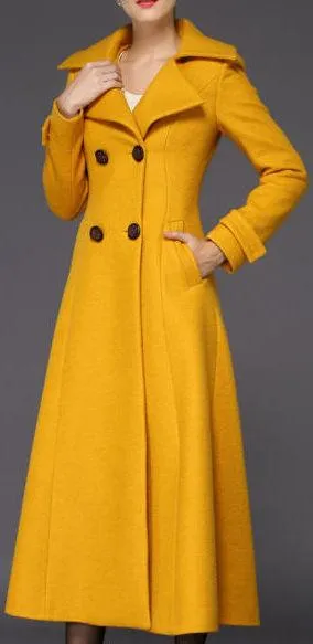 Full-Length Wool Pea Coat in Yellow