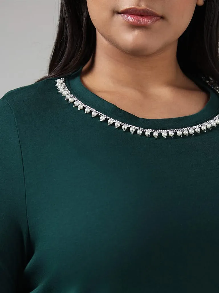 Gia Green Sequined Neck Cotton T-Shirt