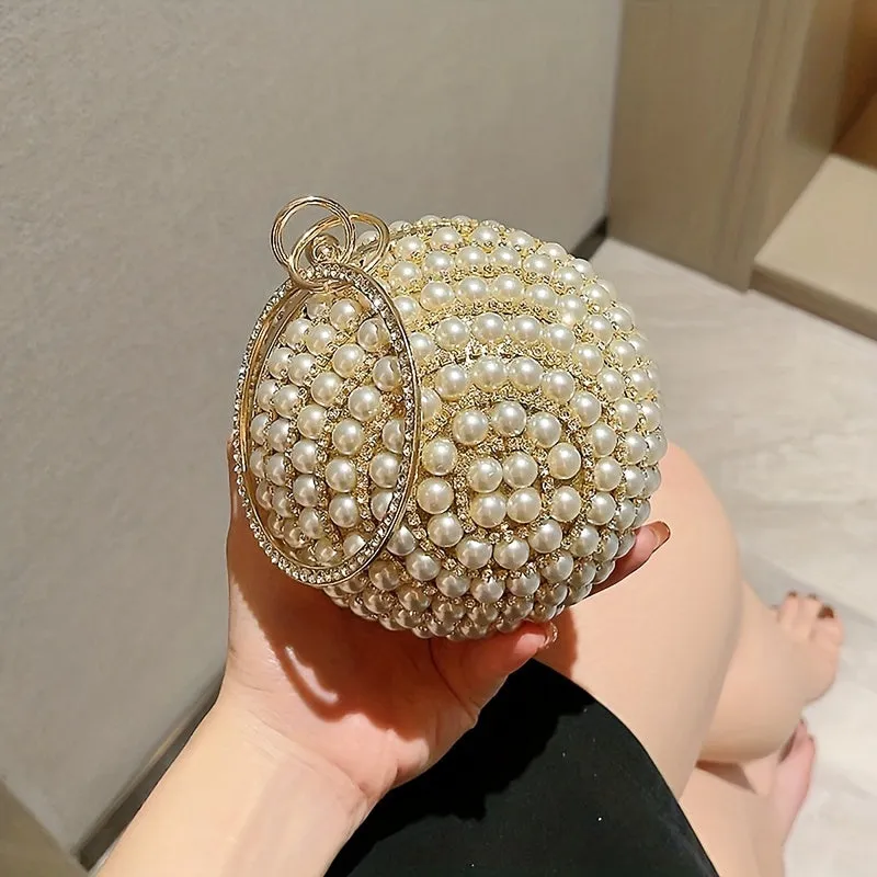 Glamorous Faux Pearl & Rhinestone Ball Clutch - Sparkling Evening Handbag for Weddings, Proms & Parties - Womens Fashion Purse