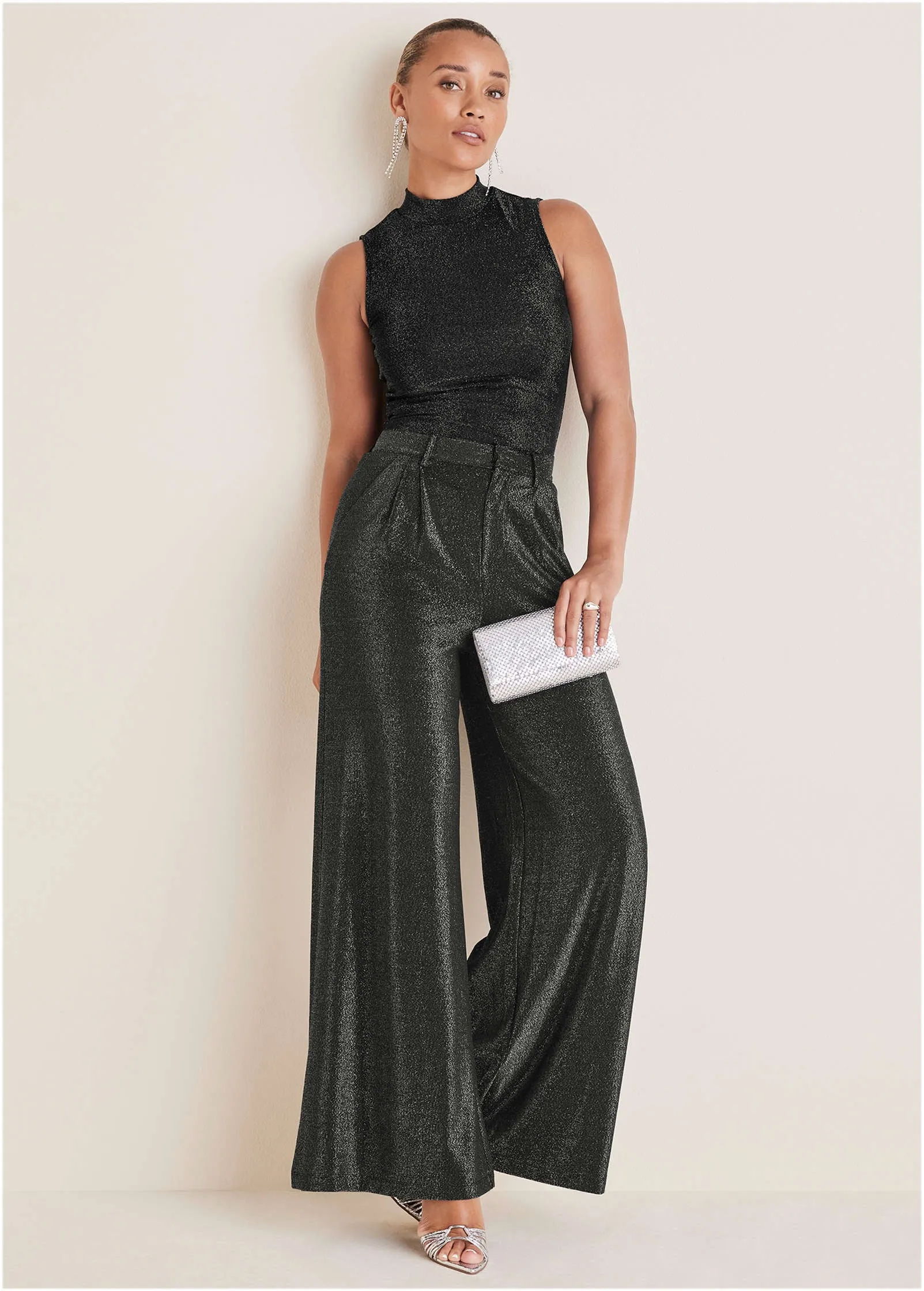 Glitter Knit Wide Leg Pants - Jet Black Glitter Knit