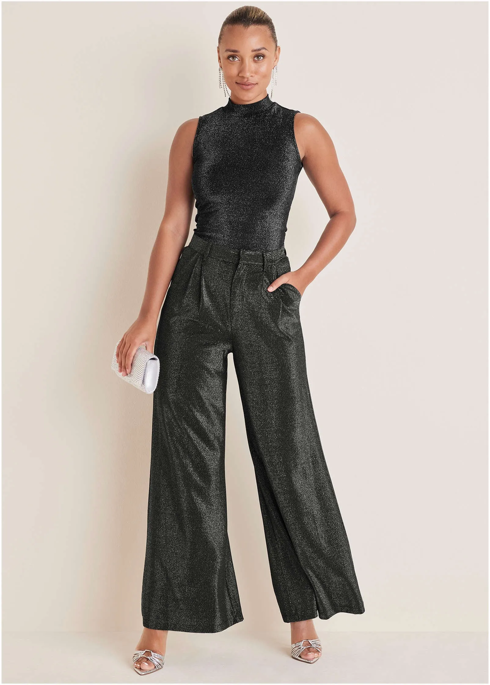 Glitter Knit Wide Leg Pants - Jet Black Glitter Knit