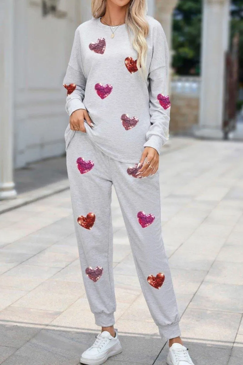 Gray Sequins Heart Valentine Jogger Set