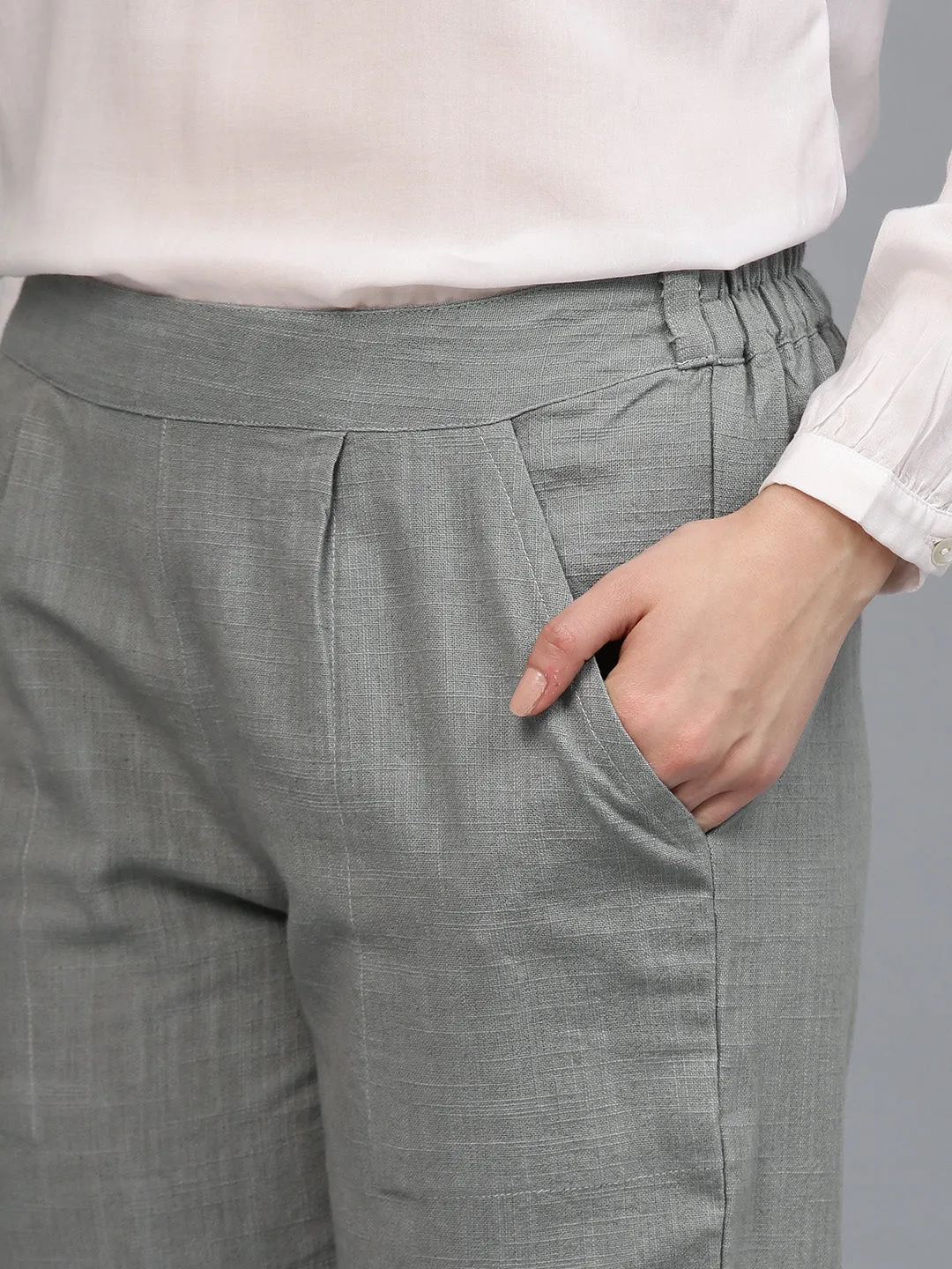 Grey Solid Cotton Slub Straight Pants