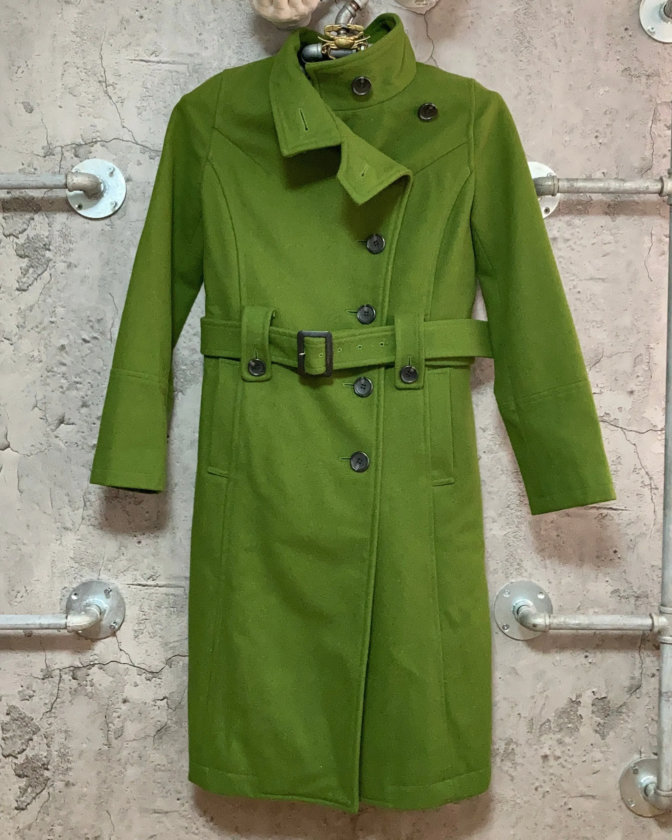 high neck green wool long coat