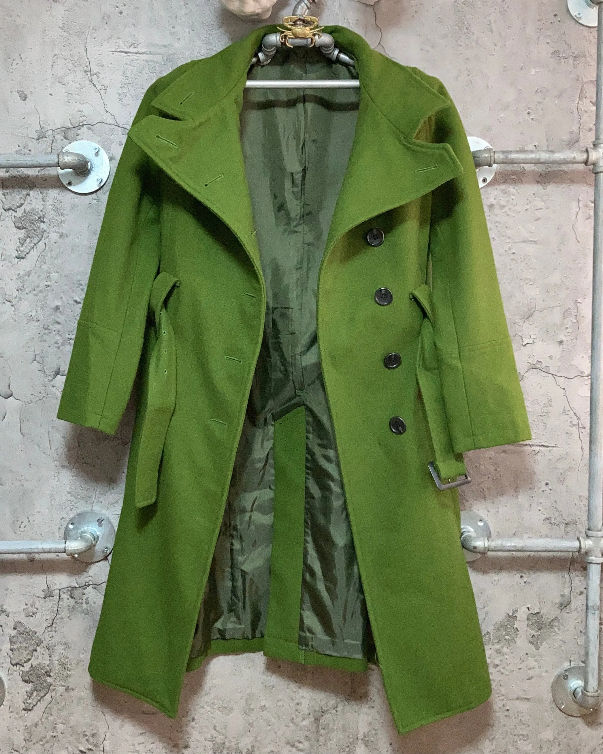 high neck green wool long coat