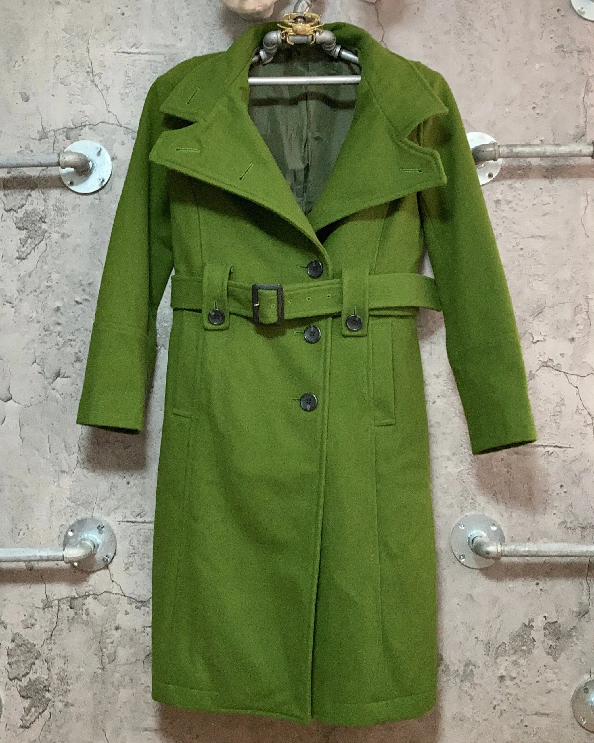 high neck green wool long coat