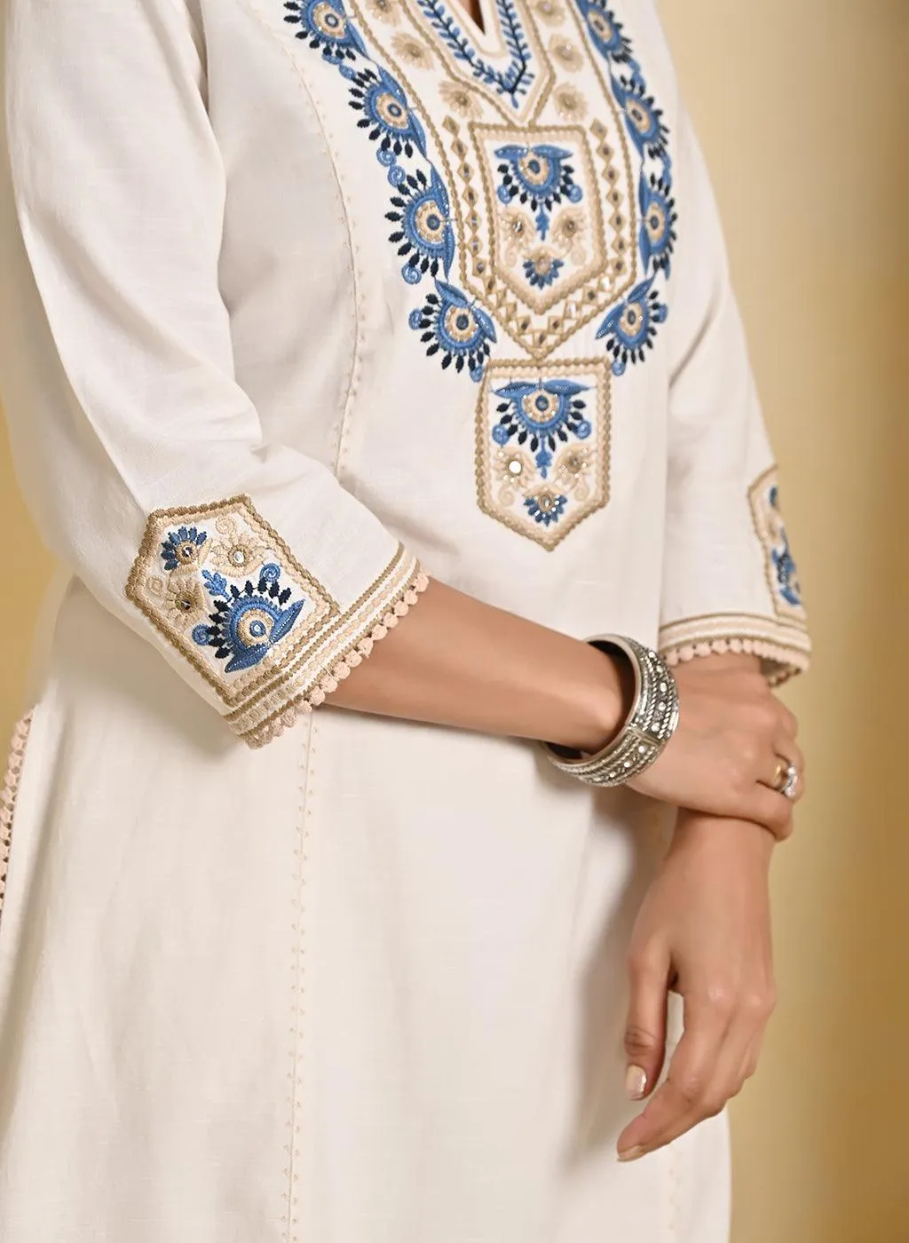 Ivory Cotton Multicolor Embroidered Kurta Set