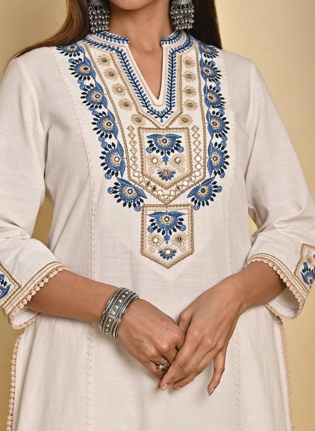 Ivory Cotton Multicolor Embroidered Kurta Set