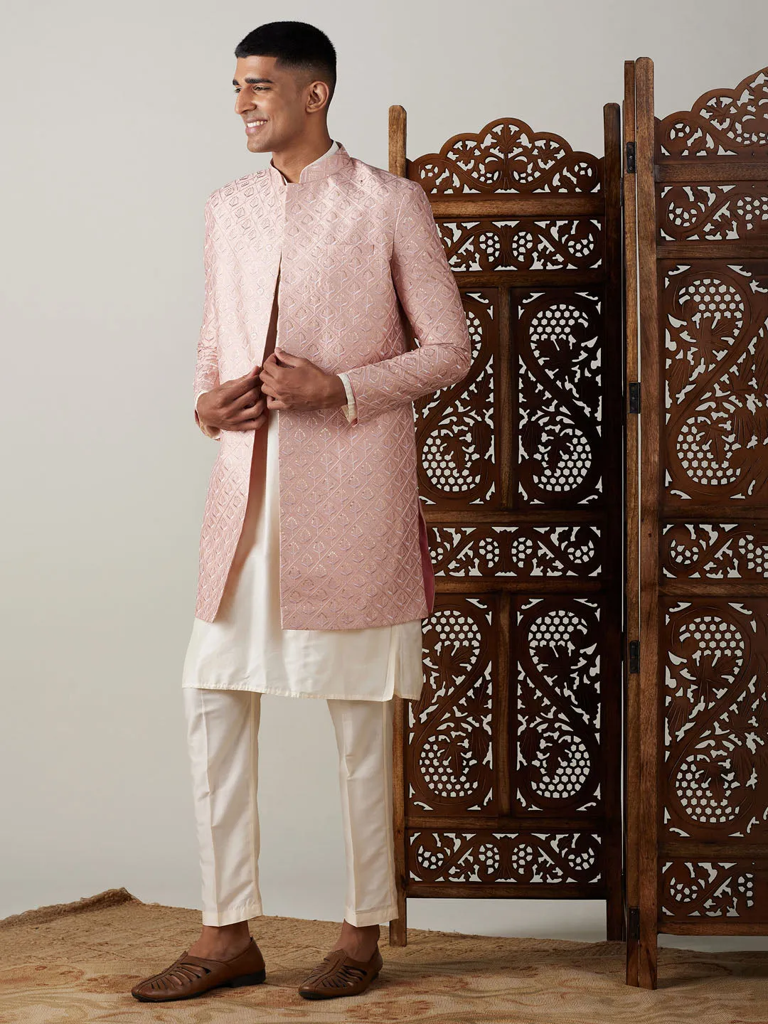 Jashvi Men's Peach Sequined Indo Sherwani Set