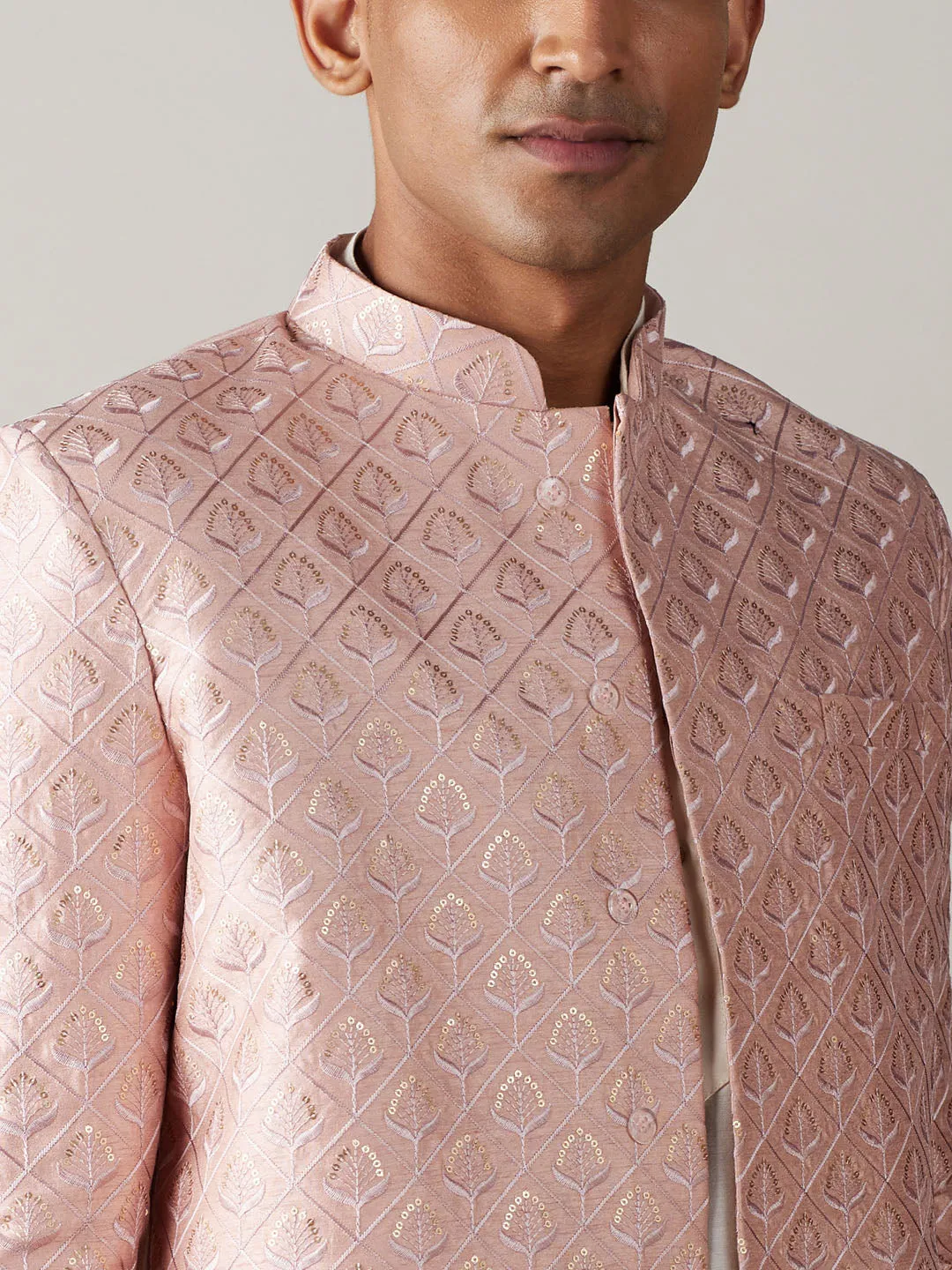 Jashvi Men's Peach Sequined Indo Sherwani Set