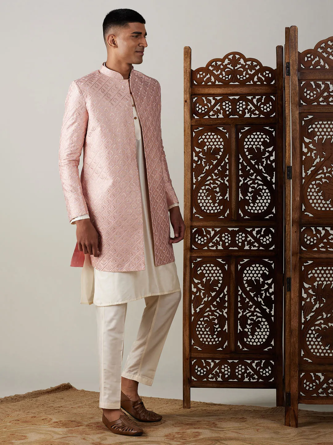 Jashvi Men's Peach Sequined Indo Sherwani Set