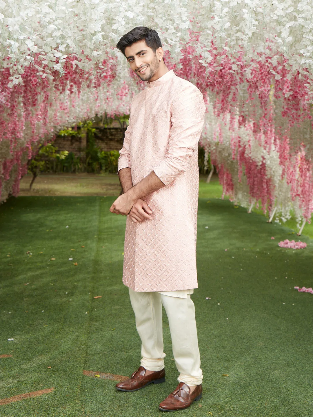 Jashvi Men's Peach Sequined Indo Sherwani Set