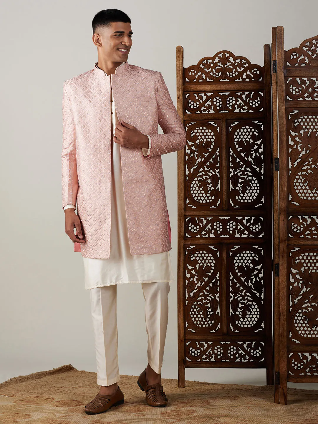 Jashvi Men's Peach Sequined Indo Sherwani Set