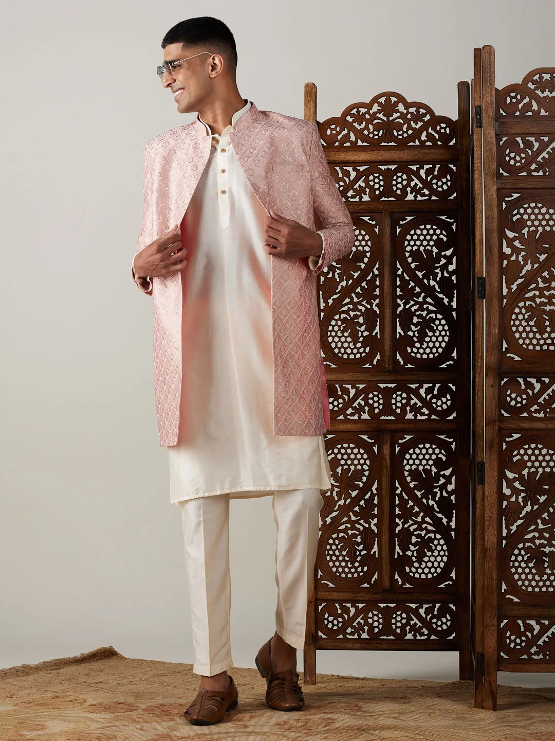 Jashvi Men's Peach Sequined Indo Sherwani Set