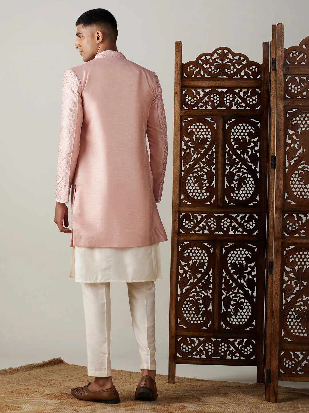 Jashvi Men's Peach Sequined Indo Sherwani Set