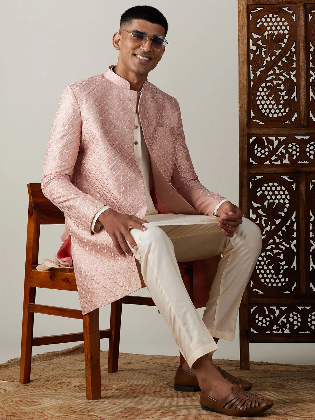 Jashvi Men's Peach Sequined Indo Sherwani Set