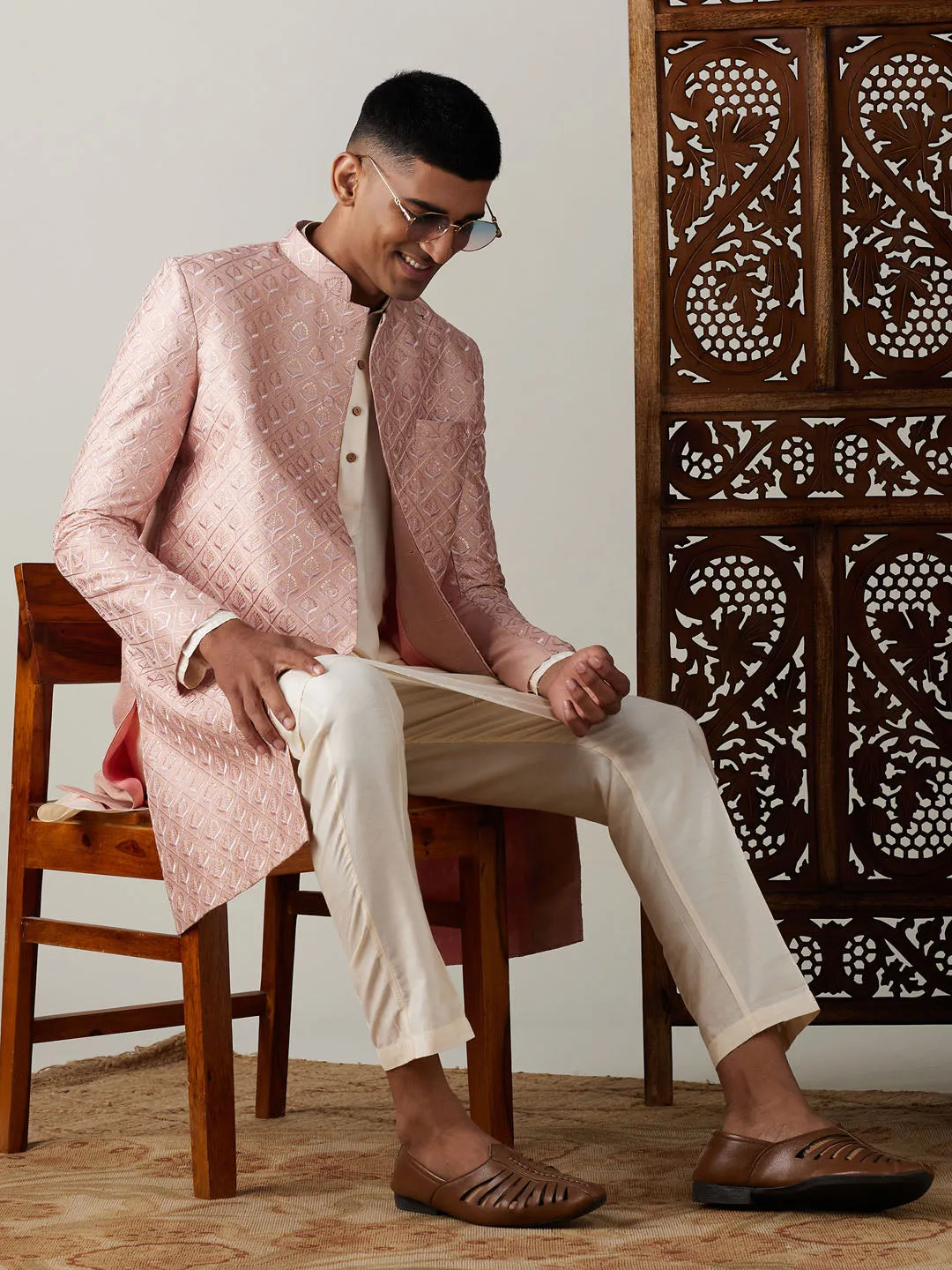 Jashvi Men's Peach Sequined Indo Sherwani Set