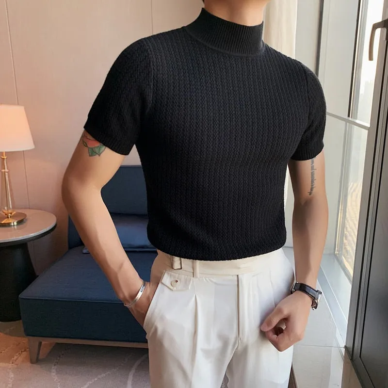 Jinquedai Autumn New Short Sleeve Knitted Sweater Men Clothing  All Match Slim Fit Stretched Turtleneck Casual Pull Homme Pullovers