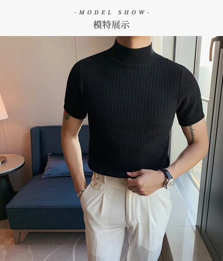 Jinquedai Autumn New Short Sleeve Knitted Sweater Men Clothing  All Match Slim Fit Stretched Turtleneck Casual Pull Homme Pullovers