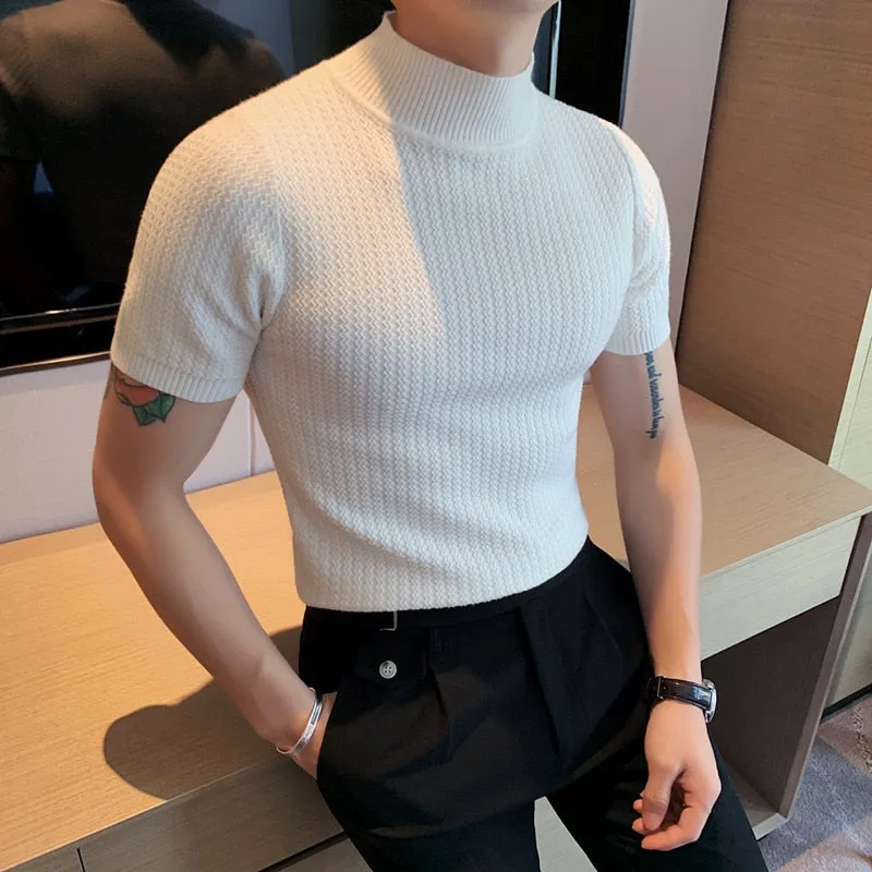 Jinquedai Autumn New Short Sleeve Knitted Sweater Men Clothing  All Match Slim Fit Stretched Turtleneck Casual Pull Homme Pullovers