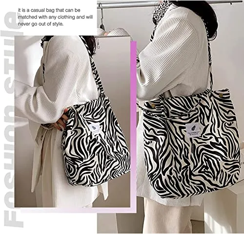 Kawn® Women Corduroy Tote Bag Canvas Shoulder Cord Purse Reusable Shopping Bag Grocery Bag Large Capacity Washable Handbag Girls Shoulder Bag with Inner Pocket For Daily Use Work Travel (Zebra)