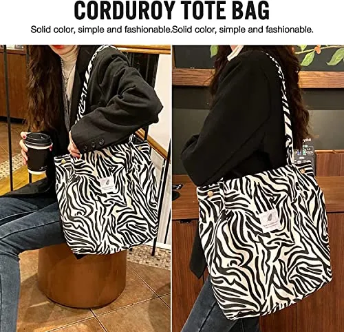 Kawn® Women Corduroy Tote Bag Canvas Shoulder Cord Purse Reusable Shopping Bag Grocery Bag Large Capacity Washable Handbag Girls Shoulder Bag with Inner Pocket For Daily Use Work Travel (Zebra)