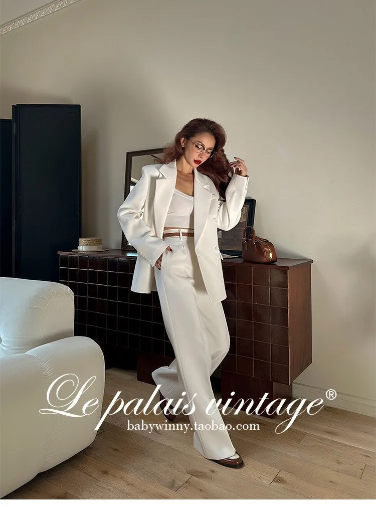 Le Palais Vintage Elegant White Loose Suit High Waist Wide Leg Pants-Jolene