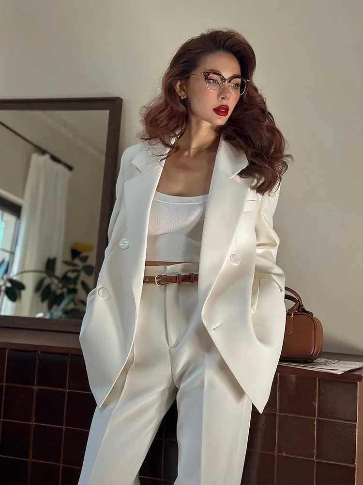 Le Palais Vintage Elegant White Loose Suit High Waist Wide Leg Pants-Jolene