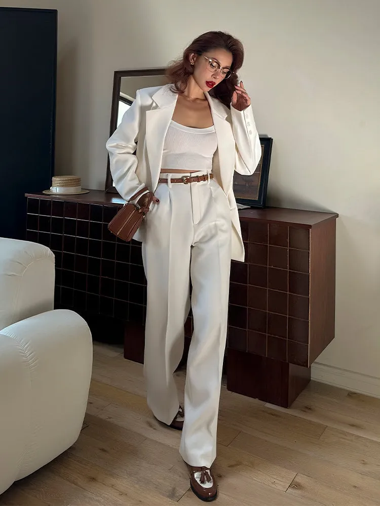 Le Palais Vintage Elegant White Loose Suit High Waist Wide Leg Pants-Jolene