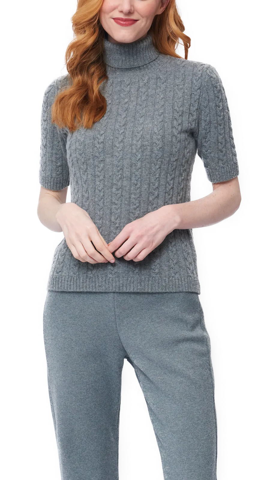 Lea Short Sleeved Cable-Knit Turtleneck - Gray