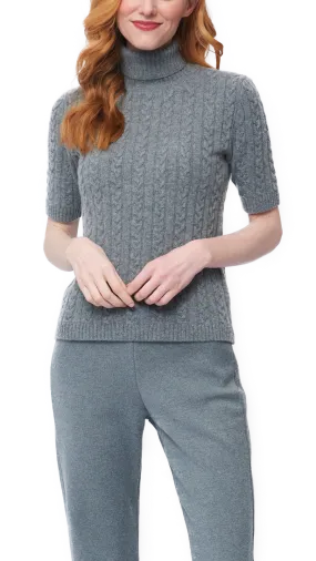 Lea Short Sleeved Cable-Knit Turtleneck - Gray