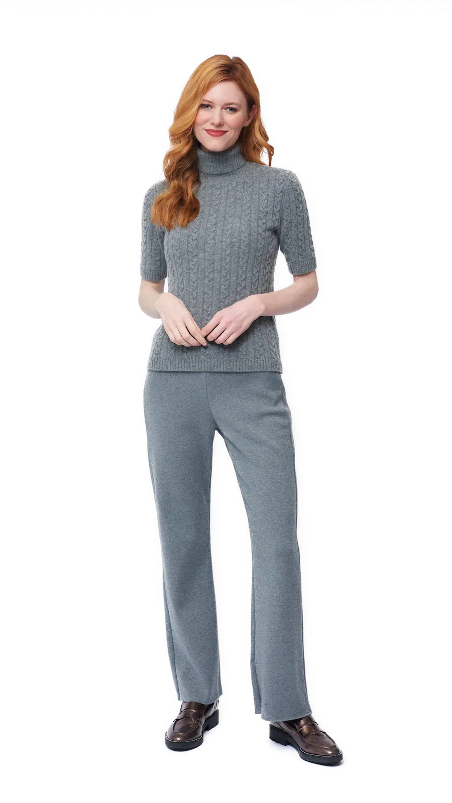 Lea Short Sleeved Cable-Knit Turtleneck - Gray