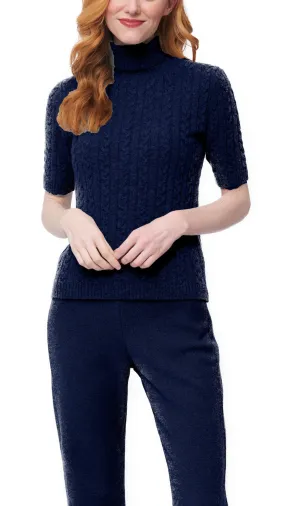 Lea Short Sleeved Cable-Knit Turtleneck, Thunder Navy