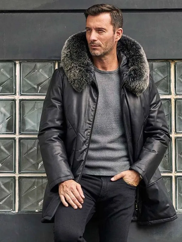 Leather Down Jacket With Fox Fur Collar Hooded Winter Overcoat Long Warm Outwear