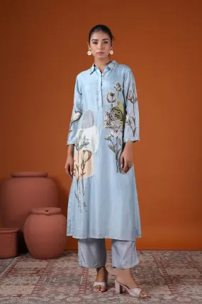 Light Blue Floral Printed Tussar Silk Kurta Set