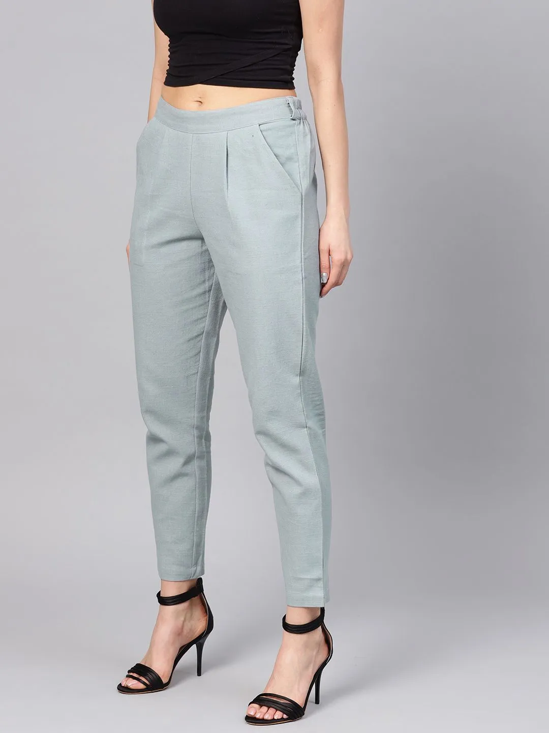 Light Grey Solid Cotton Slub Straight Pants