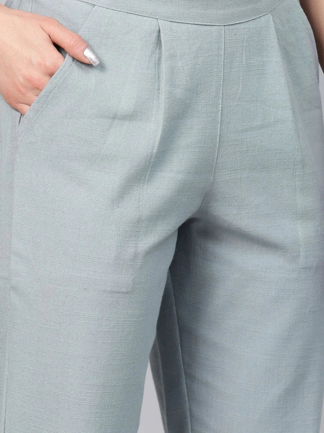 Light Grey Solid Cotton Slub Straight Pants