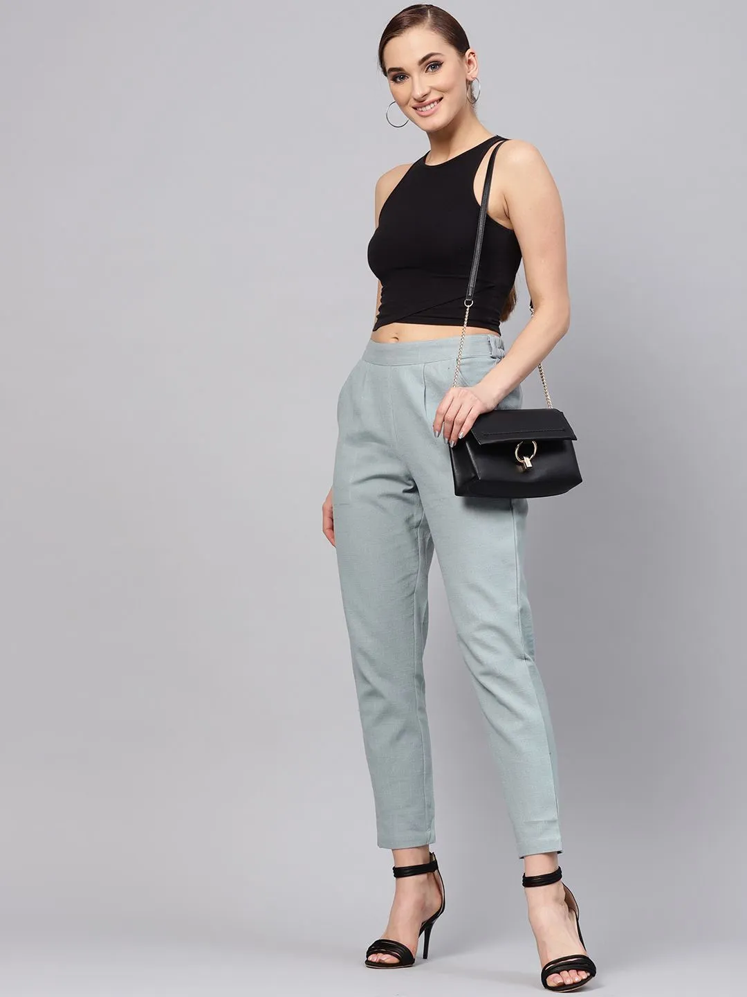 Light Grey Solid Cotton Slub Straight Pants