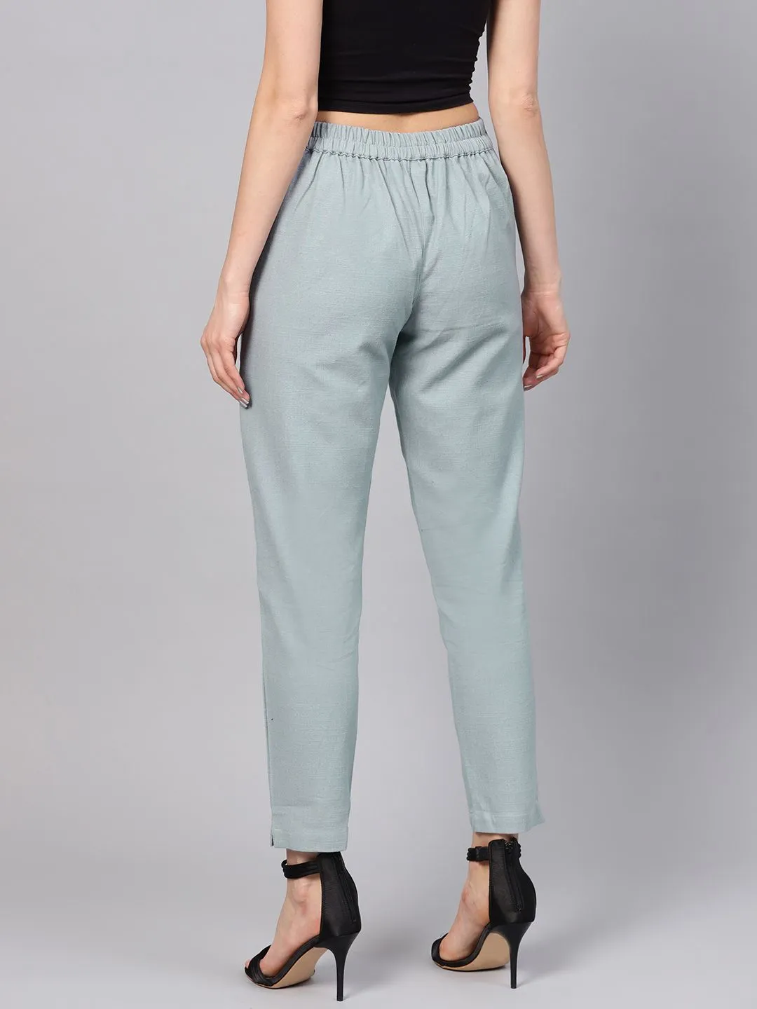 Light Grey Solid Cotton Slub Straight Pants