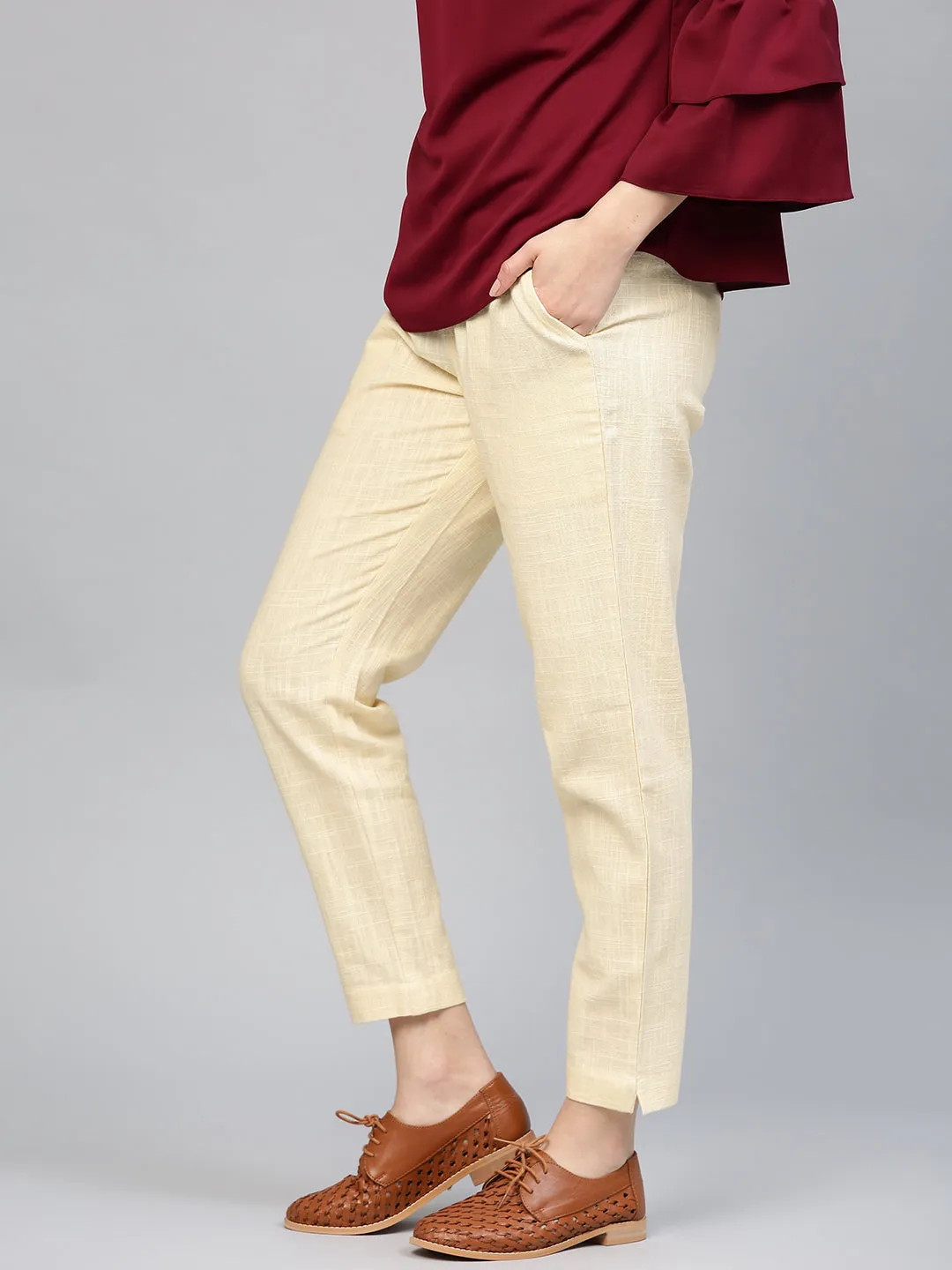 Light Yellow Solid Cotton Slub Straight Pants